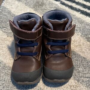 Kids Brown Leather Winter Boots with Navy Laces